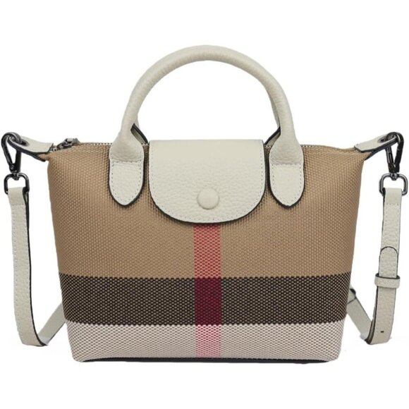 Handbags - women Lvory White Vintage Leather Shoulder Bag Canvas Top Handle